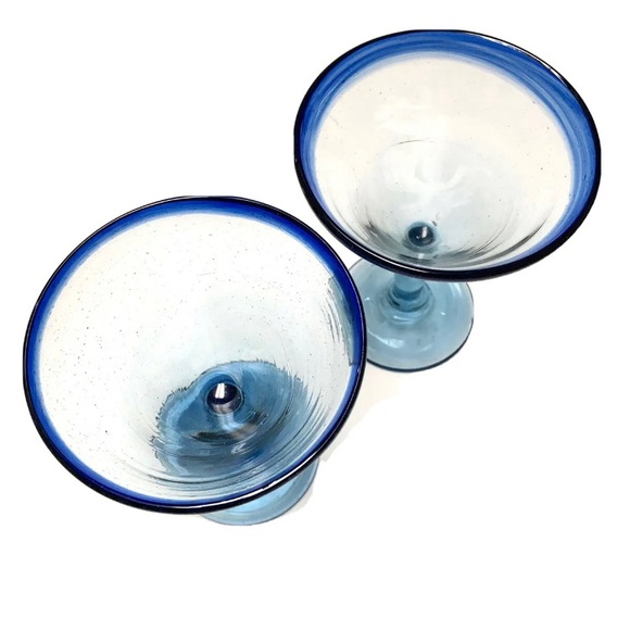 2 Mexican Margarita Glass Hand Blown Cobalt Blue Stemmed 6" Martini Glasses - Picture 2 of 4